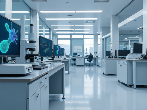 现代化科技实验室内部，研究人员在电脑前工作，多个显示屏显示复杂数据图表，白色实验室背景